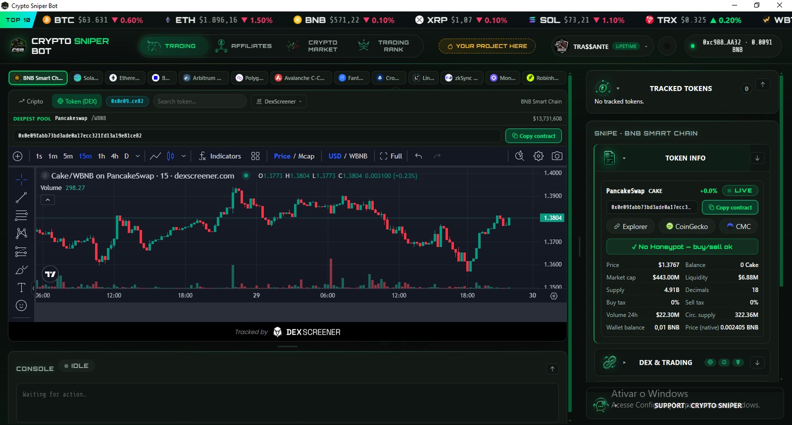 Crypto Sniper Bot terminal — live chart, contract data and anti-honeypot